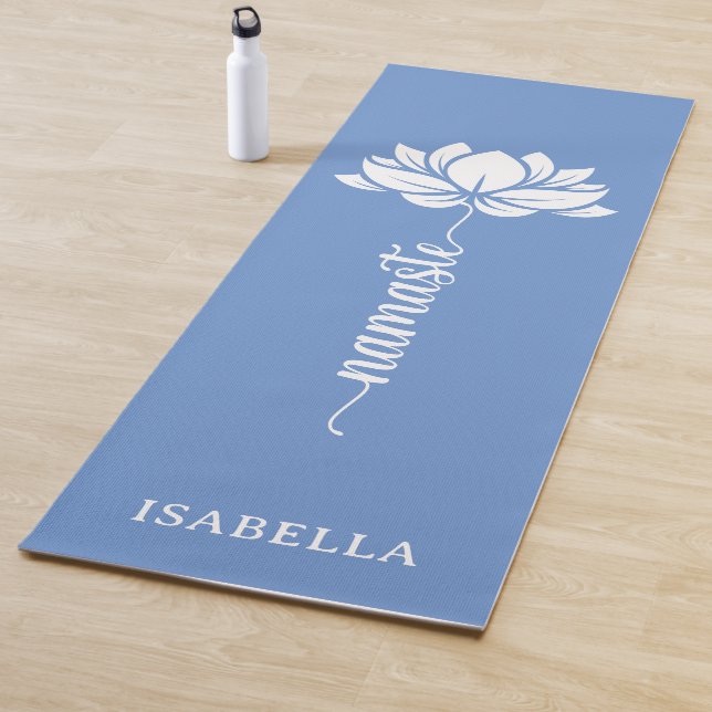 Namaste Lotus Flower Modern Blue Custom Name Yoga Mat (In Situ)