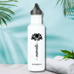 Namaste Lotus Flower Modern Personalized Name Stainless Steel Water Bottle<br><div class="desc">Namaste Black Lotus Flower Modern Personalized Name Sports Fitness Yoga Stainless Steel Water Bottle features a black lotus flower with the text "namaste" in modern hand lettered calligraphy script and personalized with your name. Perfect gift for friends and family for birthday, Christmas, Mother's Day, best friends, yoga lovers, fitness and...</div>