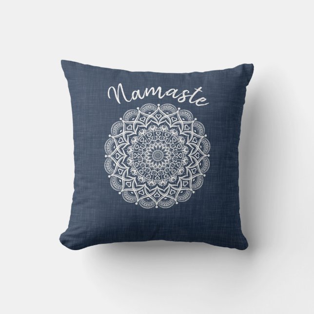 Namaste Mandala Navy Blue Modern Outdoor Pillow (Front)