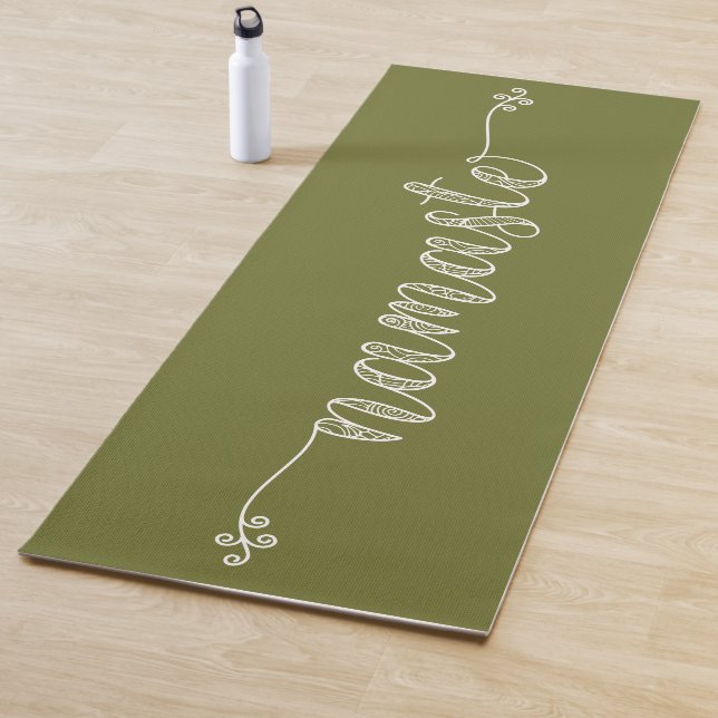 Namaste Olive Green Whimsical Script Fitness Yoga Mat (In Situ)
