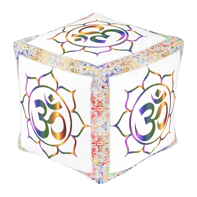 Namaste Om Rainbow Lotus  on White Vintage Pouf (Angled Back)