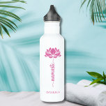 Namaste Pink Lotus Flower Modern Personalized Name Stainless Steel Water Bottle<br><div class="desc">Namaste Pink Lotus Flower Modern Personalized Name Sports Fitness Yoga Stainless Steel Water Bottle features a pink lotus flower with the text "namaste" in modern hand lettered calligraphy script and personalized with your name. Perfect gift for friends and family for birthday, Christmas, Mother's Day, best friends, yoga lovers, fitness and...</div>