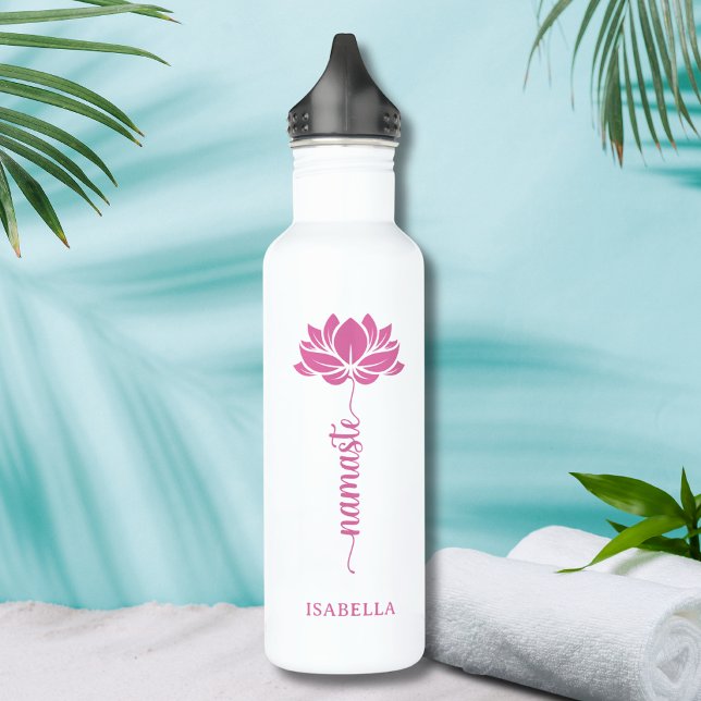 Namaste Pink Lotus Flower Modern Personalized Name Stainless Steel Water Bottle (Creator Uploaded)