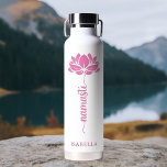 Namaste Pink Lotus Flower Modern Personalized Name Water Bottle<br><div class="desc">Namaste Pink Lotus Flower Modern Personalized Name Sports Fitness Yoga Stainless Steel Water Bottle features a pink lotus flower with the text "namaste" in modern hand lettered calligraphy script and personalized with your name. Perfect gift for friends and family for birthday, Christmas, Mother's Day, best friends, yoga lovers, fitness and...</div>