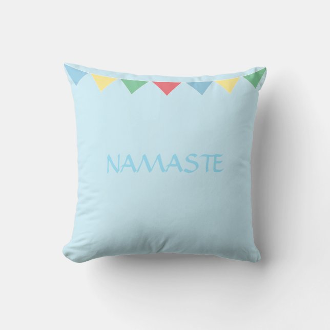 Namaste prayer multicolored flags on light blue throw pillow (Front)