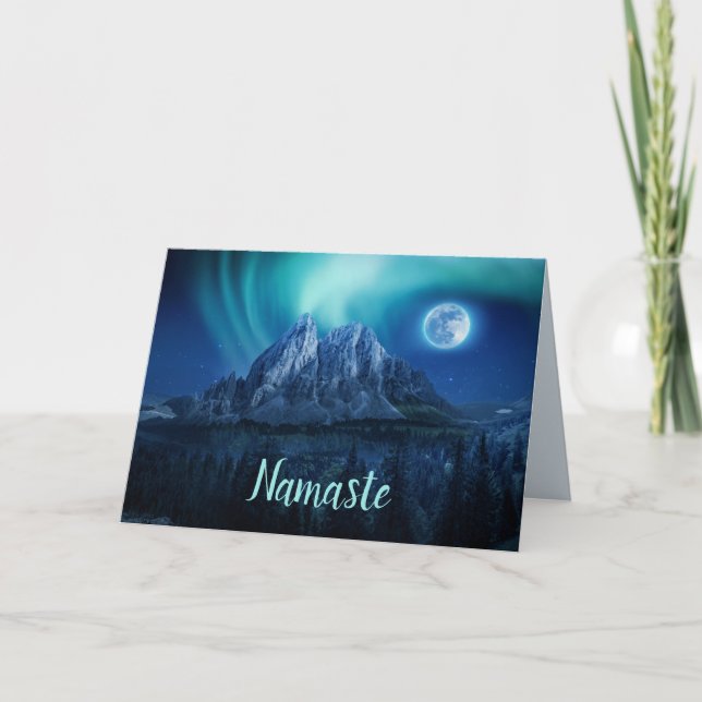 Namaste Quote Thank You Aurora Full Moon Mountain Card (Front)