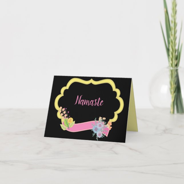 Namaste Quote Thank You Gold Frame Pink Ribbon Card (Front)