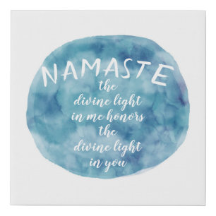 Namaste quote watercolor art blue and white faux canvas print