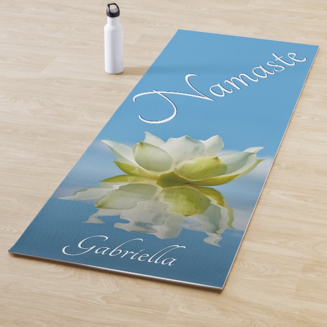 Namaste Reflecting White Lotus Flower w/ Name Blue Yoga Mat (In Situ)