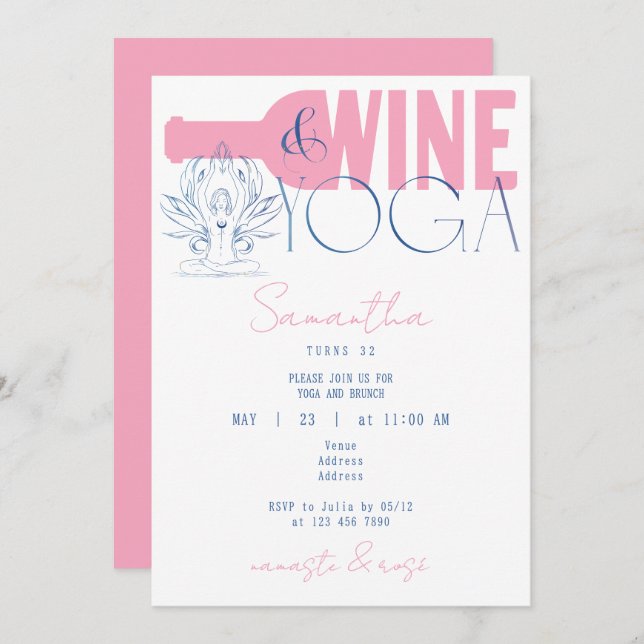 Namaste & Rose Minimal Wine & Yoga Brunch Birthday Invitation (Front/Back)