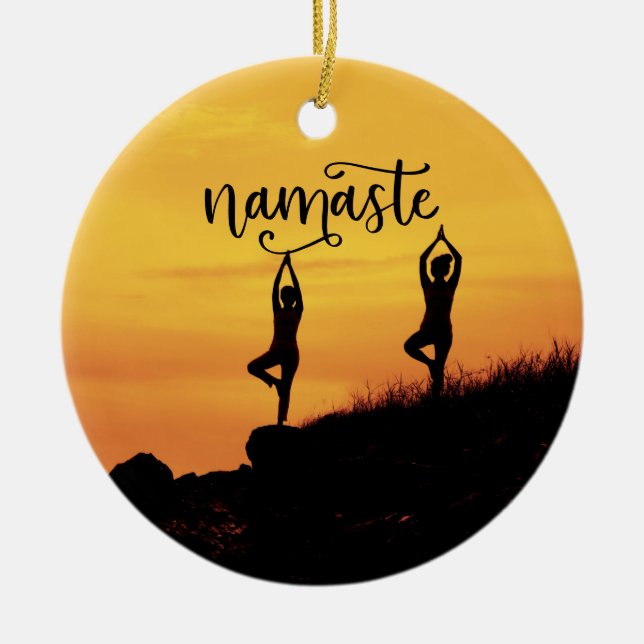 Namaste Silhouette woman Spiritual Meditation Yoga Ceramic Ornament (Front)