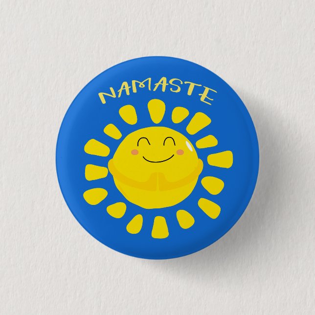 Namaste Smiling Praying Cartoon Sun Button (Front)