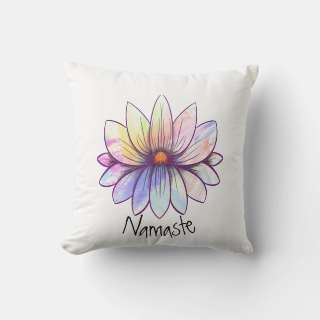 Namaste, splatter pastel lotus flower white outdoor pillow (Front)