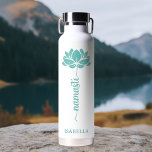 Namaste Teal Lotus Flower Modern Personalized Name Water Bottle<br><div class="desc">Namaste Teal Lotus Flower Modern Personalized Name Sports Fitness Yoga Stainless Steel Water Bottle features a teal lotus flower with the text "namaste" in modern hand lettered calligraphy script and personalized with your name. Perfect gift for friends and family for birthday, Christmas, Mother's Day, best friends, yoga lovers, fitness and...</div>