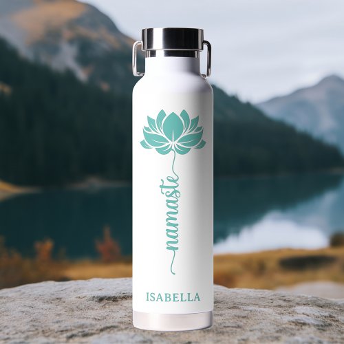 Namaste Teal Lotus Flower Modern Personalized Name Water Bottle