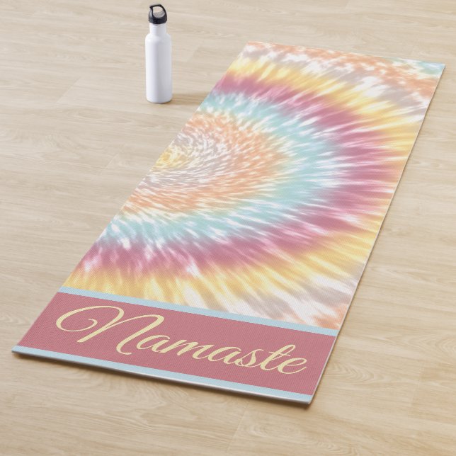 Namaste Tie Dye Pastel Rainbow Aqua Pink Yellow Yoga Mat (In Situ)