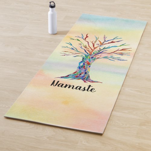 Namaste Watercolor Rainbow Tree Yoga Mat