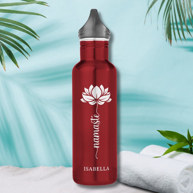 Namaste Whit Lotus Flower Modern Personalized Name Stainless Steel Water Bottle (Creator Uploaded)