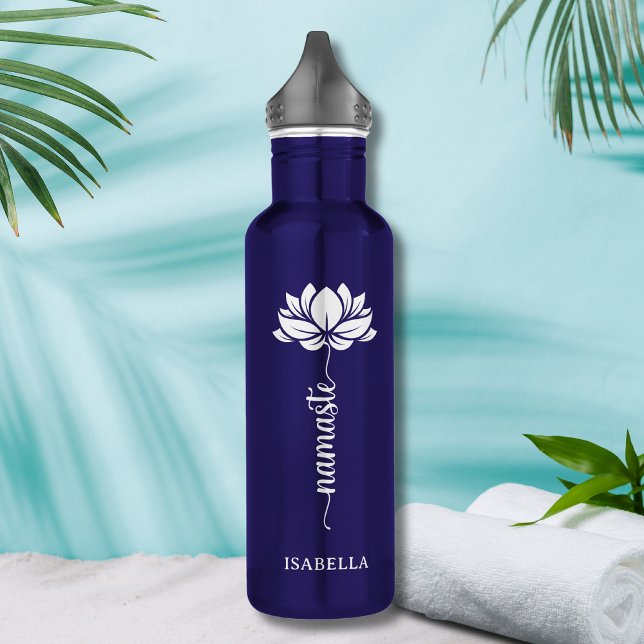 Namaste Whit Lotus Flower Modern Personalized Name Stainless Steel Water Bottle (Creator Uploaded)