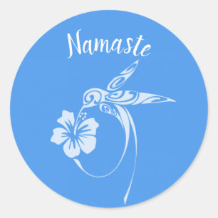 Namaste White Hummingbird on Blue Background Classic Round Sticker