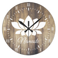 Namaste White Lotus & Wood Planks Yoga Large Clock