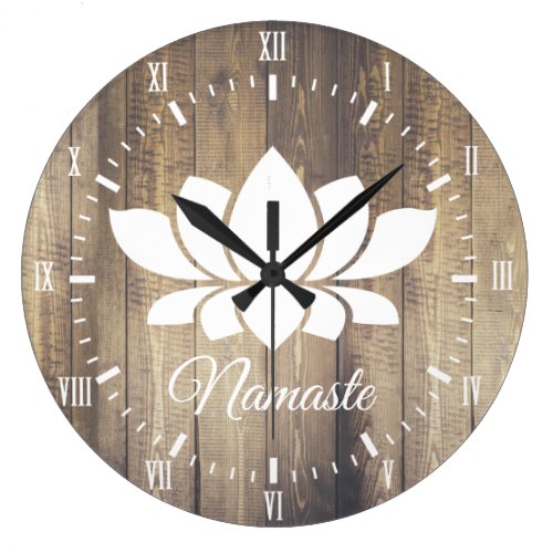 Namaste White Lotus &amp; Wood Planks Yoga Large Clock
