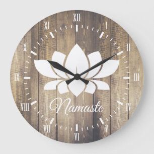 Namaste White Lotus & Wood Planks Yoga Large Clock