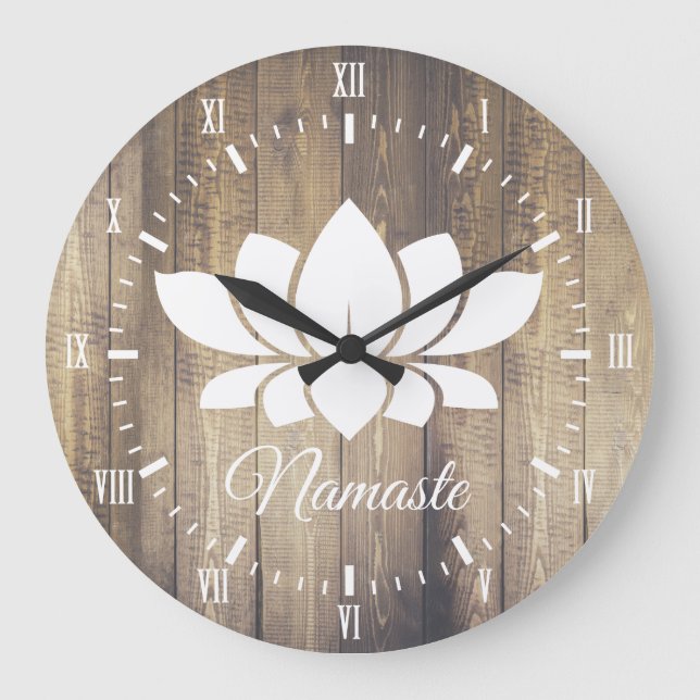 Namaste White Lotus & Wood Planks Yoga Large Clock (Front)