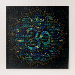 Namaste Word Art in Lotus with OM symbol Jigsaw Puzzle