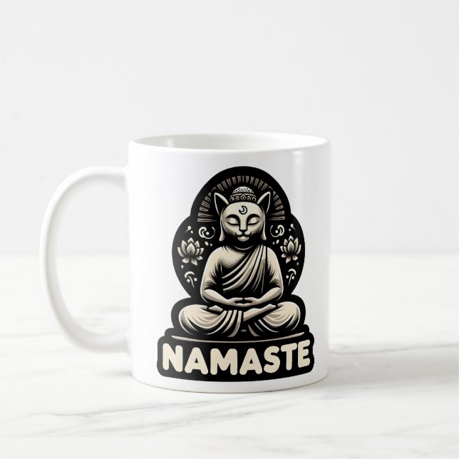 Namaste Yoga cat in a Buddha pose Tri-Blend Shirt Coffee Mug (Left)