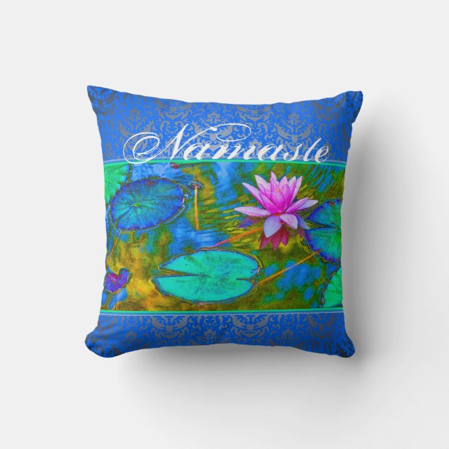 Namaste Yoga Lotus Blossom and Damask Throw Pillow (Front)