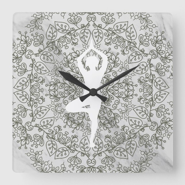 Namaste Yoga Pose | Mandala Pattern Square Wall Clock (Front)