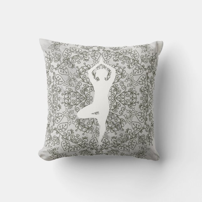 Namaste Yoga Pose | Mandala Pattern Throw Pillow (Front)