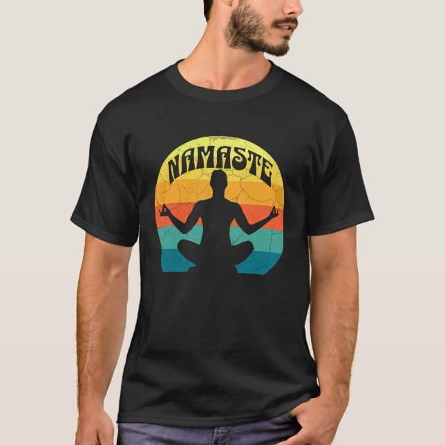 Namaste Yoga Pose Peace Meditate Zen Retro Sunset  T-Shirt (Front)