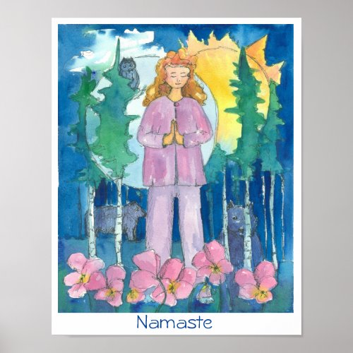 Namaste Yoga Wolf Owl Bear Wildlife Watercolor Poster