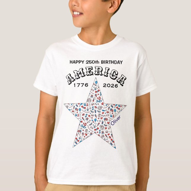 Name || 250th Happy Birthday America Star Youth T-Shirt (Front)
