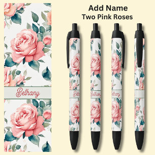 Name 2 Pink Roses Flowers Floral Pen