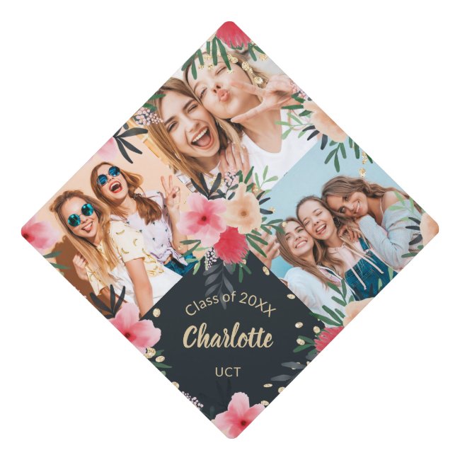 Name 3 photos pink red floral glitter graduate graduation cap topper