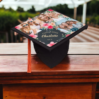 Name 3 Photos Pink Red Floral Glitter Graduate Graduation Cap Topper by girly_trend at Zazzle