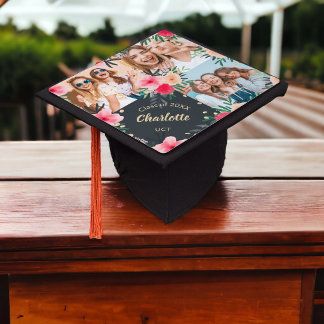 Name 3 photos pink red floral glitter graduate graduation cap topper