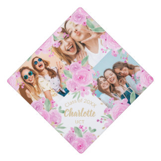 Name 3 photos pink roses floral glitter graduate graduation cap topper