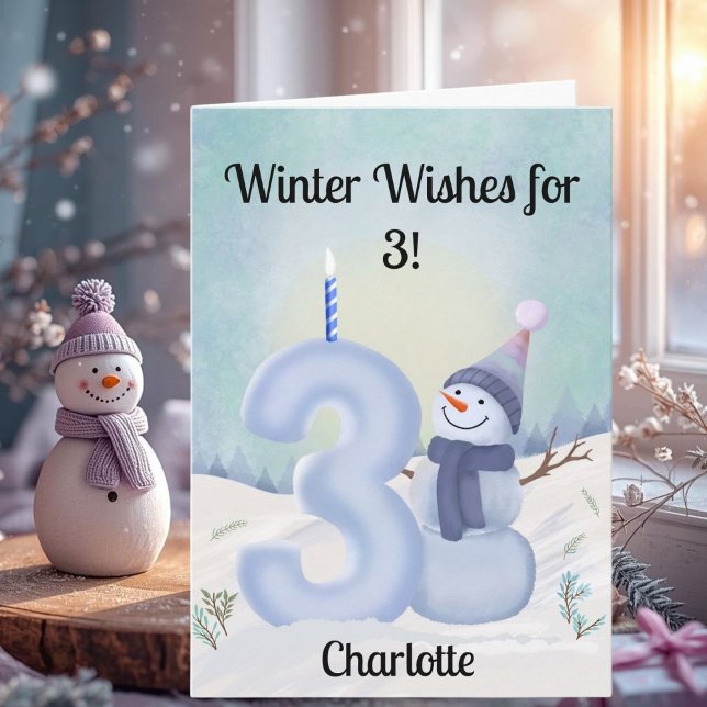 Name 3rd Birthday Snowman with Snowy Three Card (Creator Uploaded)