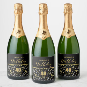 Name 40th Birthday Confetti Theme in Gold on Black Sparkling Wine Label