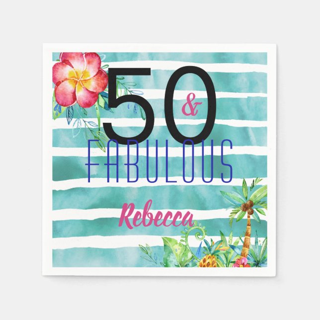 Name 50 and Fabulous Tropical Floral 50th Birthday Napkins (Front)