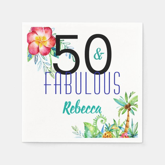 Name 50 and Fabulous Tropical Floral 50th Birthday Napkins (Front)
