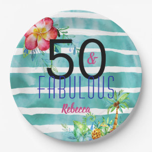 Name 50 and Fabulous Tropical Floral 50th Birthday Paper Plates