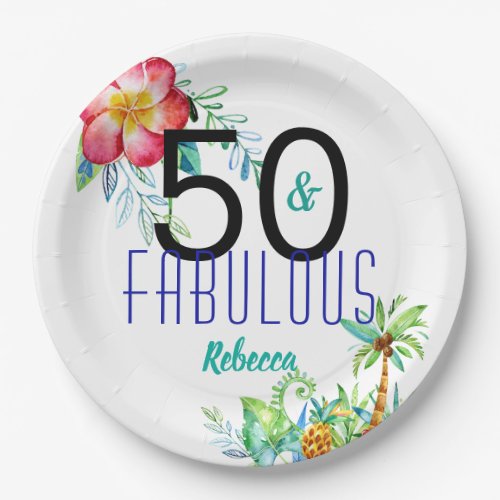 Name 50 and Fabulous Tropical Floral 50th Birthday Paper Plates