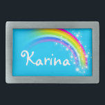 Name 6 letter rainbow bright blue oval belt buckle<br><div class="desc">Named rainbow belt buckle,  currently reads,  Karina or personalise with the name of your choice (up to 6 letters only). Design inspired from the many beautiful rainbows here in Victoria,  Australia. Item designed exclusively by Sarah Trett.</div>