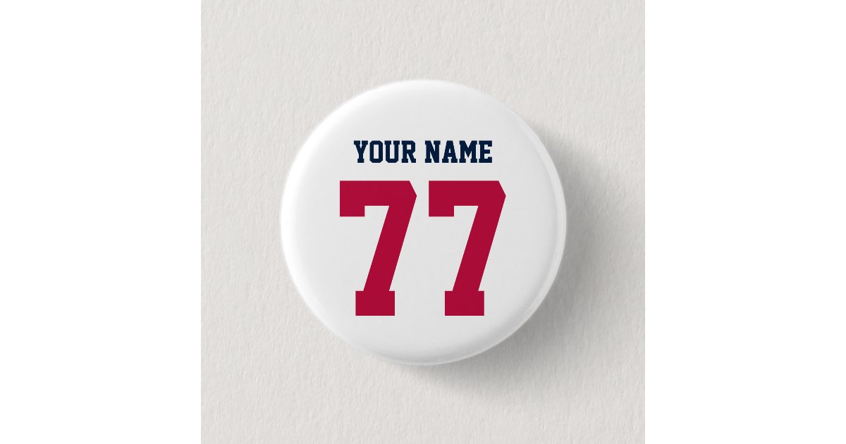 Name 77 Sports Jersey Number Blue and Red Button | Zazzle