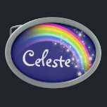 Name 7 letters rainbow navy oval belt buckle<br><div class="desc">Named rainbow belt buckle,  currently reads,  Celeste or personalise with the longer name of your choice (up to 7 letters only). Design inspired from the many beautiful rainbows here in Victoria,  Australia. Item designed exclusively by Sarah Trett.</div>